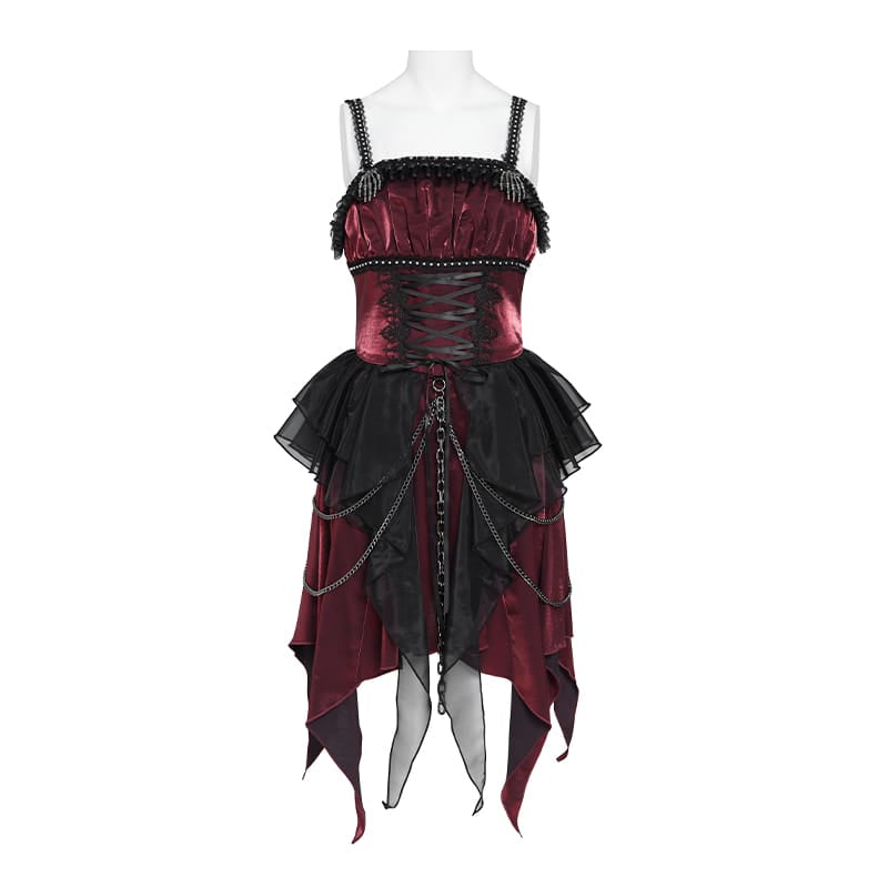 DEVIL FASHION Women's Gothic Lace-up Chained Ruched Irregular Hem Slip Dress Black-Red