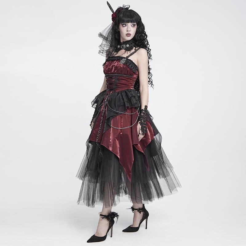 DEVIL FASHION Women's Gothic Lace-up Chained Ruched Irregular Hem Slip Dress Black-Red