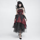 DEVIL FASHION Women's Gothic Lace-up Chained Ruched Irregular Hem Slip Dress Black-Red