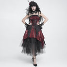 DEVIL FASHION Women's Gothic Lace-up Chained Ruched Irregular Hem Slip Dress Black-Red