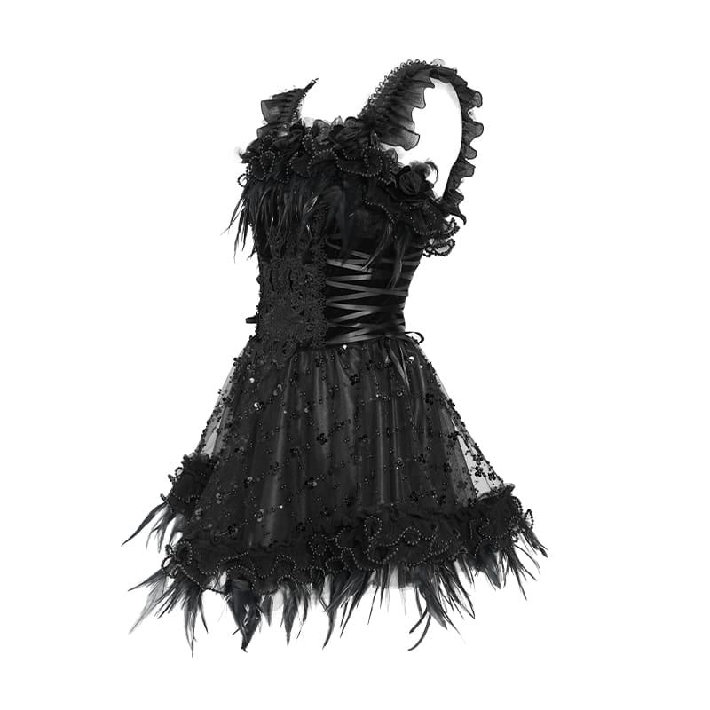 DEVIL FASHION Women's Gothic Lace-up Embroidered Feather Trim Slip Dress Black