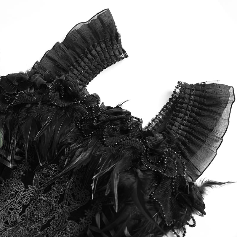 DEVIL FASHION Women's Gothic Lace-up Embroidered Feather Trim Slip Dress Black
