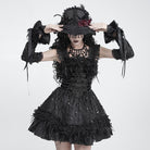 DEVIL FASHION Women's Gothic Lace-up Embroidered Feather Trim Slip Dress Black