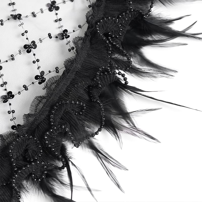 DEVIL FASHION Women's Gothic Lace-up Embroidered Feather Trim Slip Dress Black