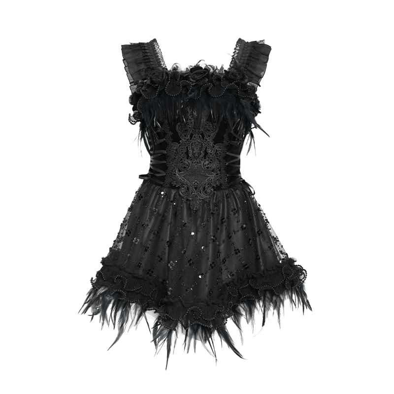 DEVIL FASHION Women's Gothic Lace-up Embroidered Feather Trim Slip Dress Black