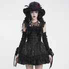 DEVIL FASHION Women's Gothic Lace-up Embroidered Feather Trim Slip Dress Black
