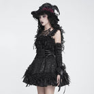 DEVIL FASHION Women's Gothic Lace-up Embroidered Feather Trim Slip Dress Black