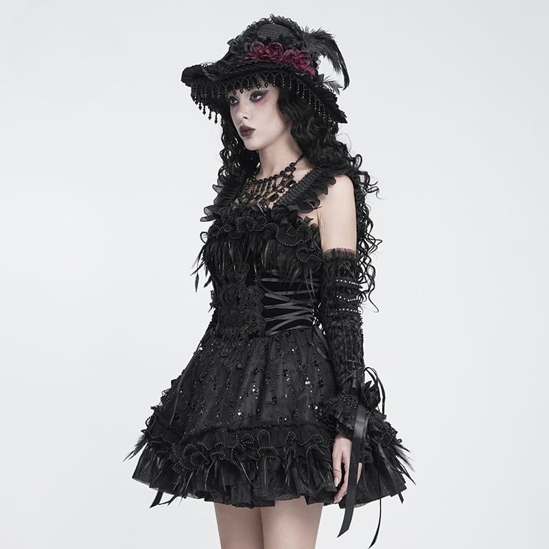 DEVIL FASHION Women's Gothic Lace-up Embroidered Feather Trim Slip Dress Black