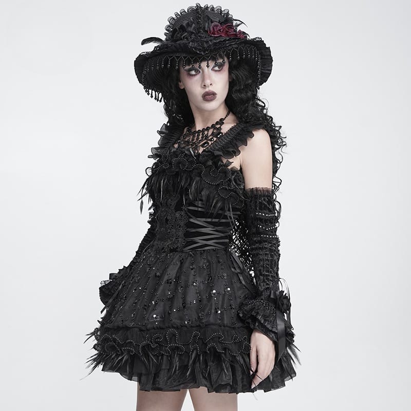 DEVIL FASHION Women's Gothic Lace-up Embroidered Feather Trim Slip Dress Black