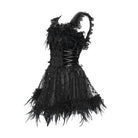 DEVIL FASHION Women's Gothic Lace-up Embroidered Feather Trim Slip Dress Black