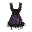 DEVIL FASHION Women's Gothic Lace-up Embroidered Feather Trim Slip Dress Black-Purple
