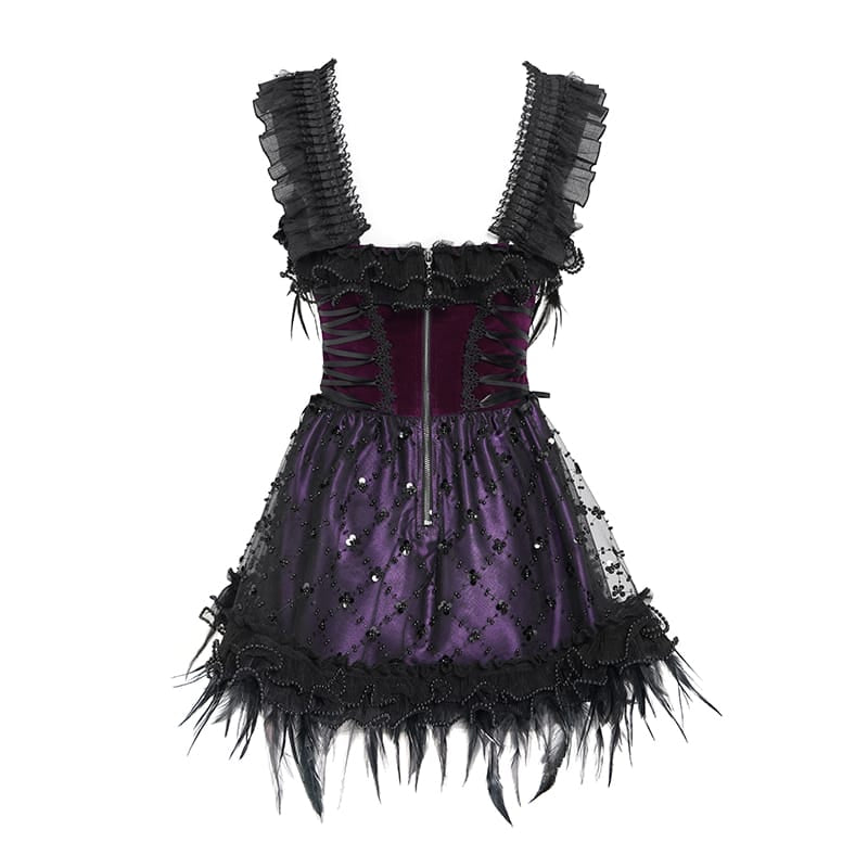DEVIL FASHION Women's Gothic Lace-up Embroidered Feather Trim Slip Dress Black-Purple