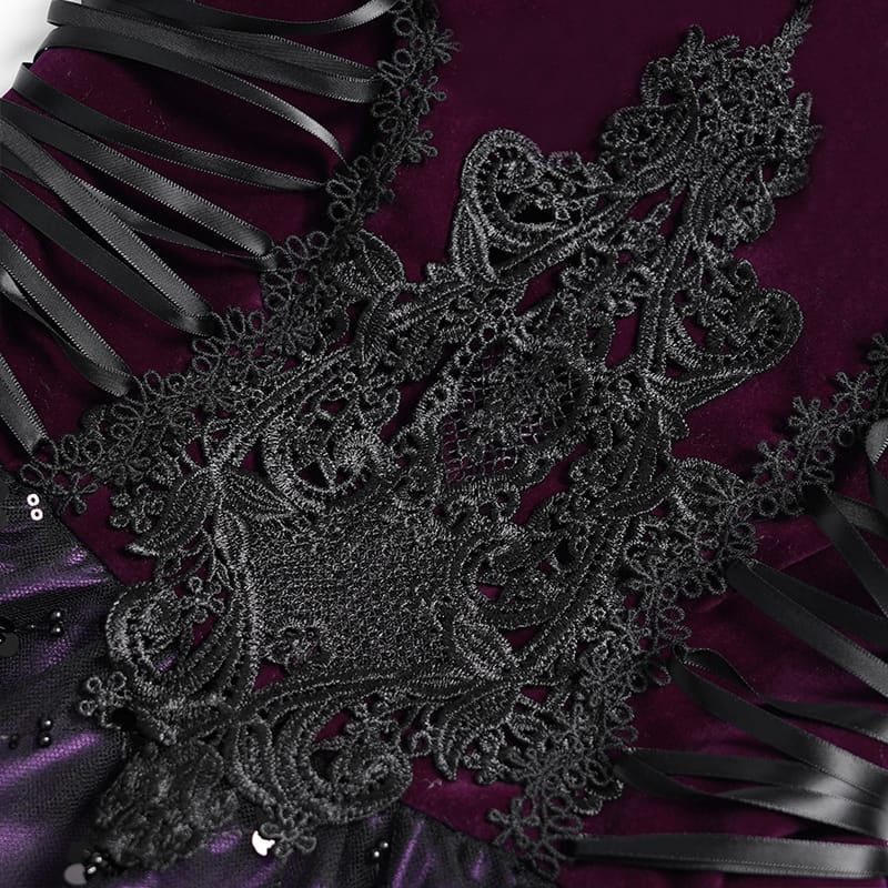 DEVIL FASHION Women's Gothic Lace-up Embroidered Feather Trim Slip Dress Black-Purple