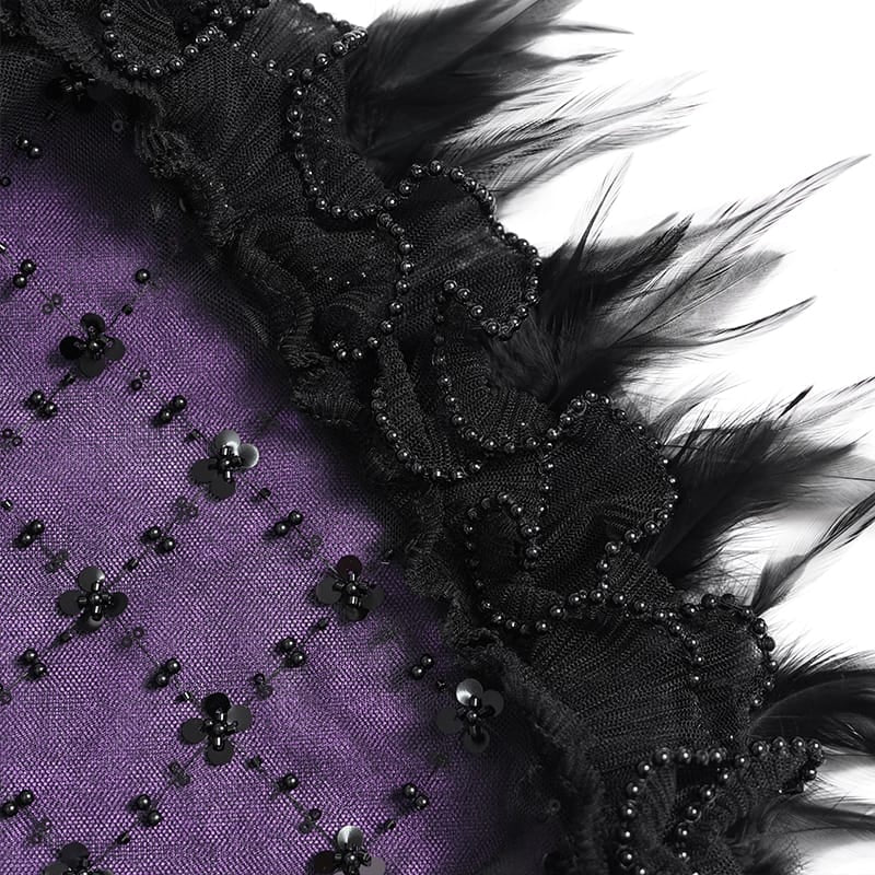 DEVIL FASHION Women's Gothic Lace-up Embroidered Feather Trim Slip Dress Black-Purple