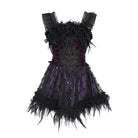 DEVIL FASHION Women's Gothic Lace-up Embroidered Feather Trim Slip Dress Black-Purple