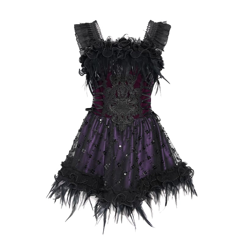 DEVIL FASHION Women's Gothic Lace-up Embroidered Feather Trim Slip Dress Black-Purple