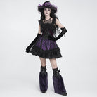 DEVIL FASHION Women's Gothic Lace-up Embroidered Feather Trim Slip Dress Black-Purple