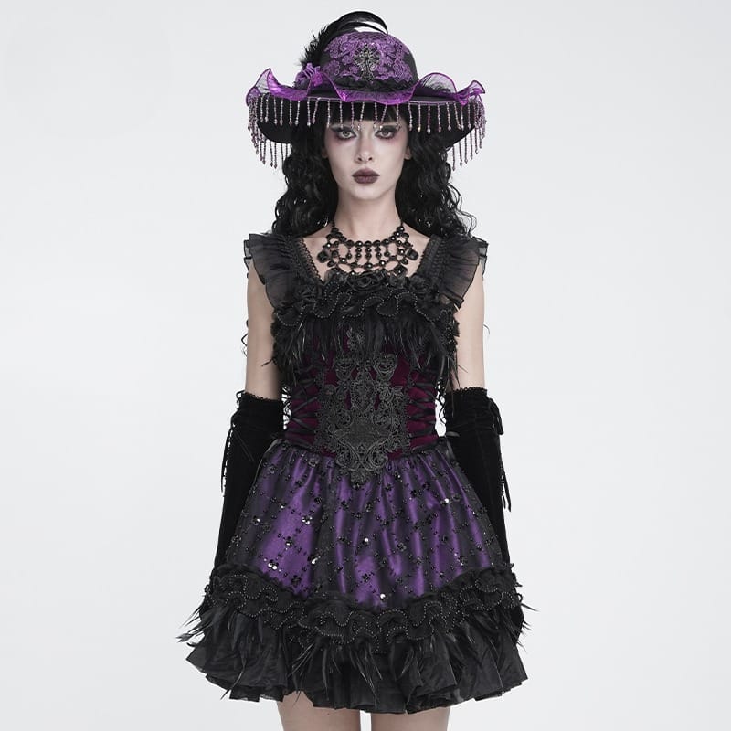 DEVIL FASHION Women's Gothic Lace-up Embroidered Feather Trim Slip Dress Black-Purple