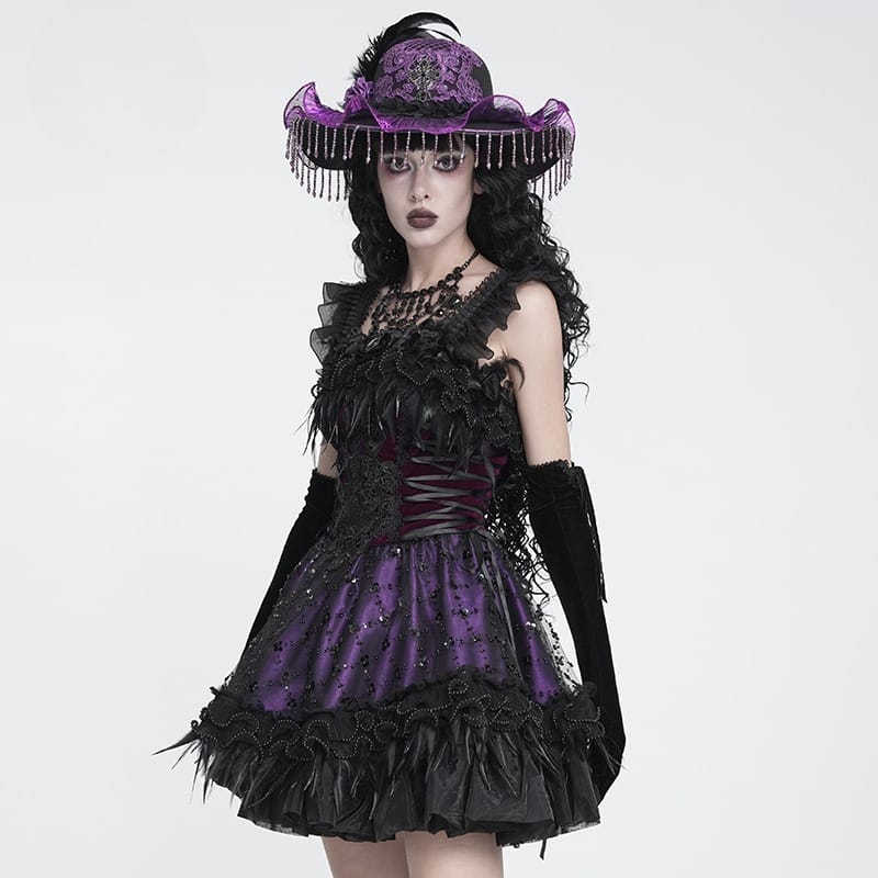 DEVIL FASHION Women's Gothic Lace-up Embroidered Feather Trim Slip Dress Black-Purple