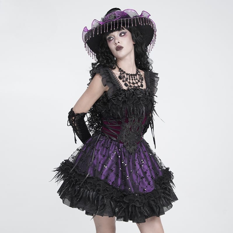 DEVIL FASHION Women's Gothic Lace-up Embroidered Feather Trim Slip Dress Black-Purple