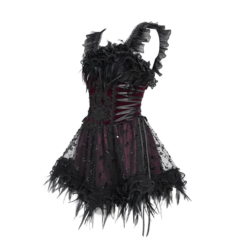 DEVIL FASHION Women's Gothic Lace-up Embroidered Feather Trim Slip Dress Black-Red