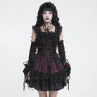 DEVIL FASHION Women's Gothic Lace-up Embroidered Feather Trim Slip Dress Black-Red