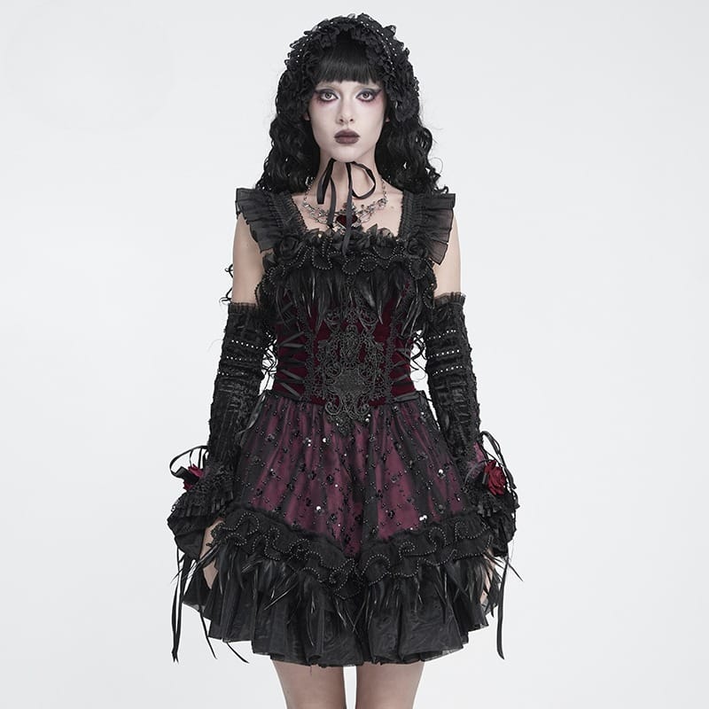 Women's Gothic Lace-up Embroidered Feather Trim Slip Dress Black-Red – Punk Design