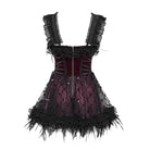 DEVIL FASHION Women's Gothic Lace-up Embroidered Feather Trim Slip Dress Black-Red