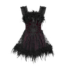 DEVIL FASHION Women's Gothic Lace-up Embroidered Feather Trim Slip Dress Black-Red