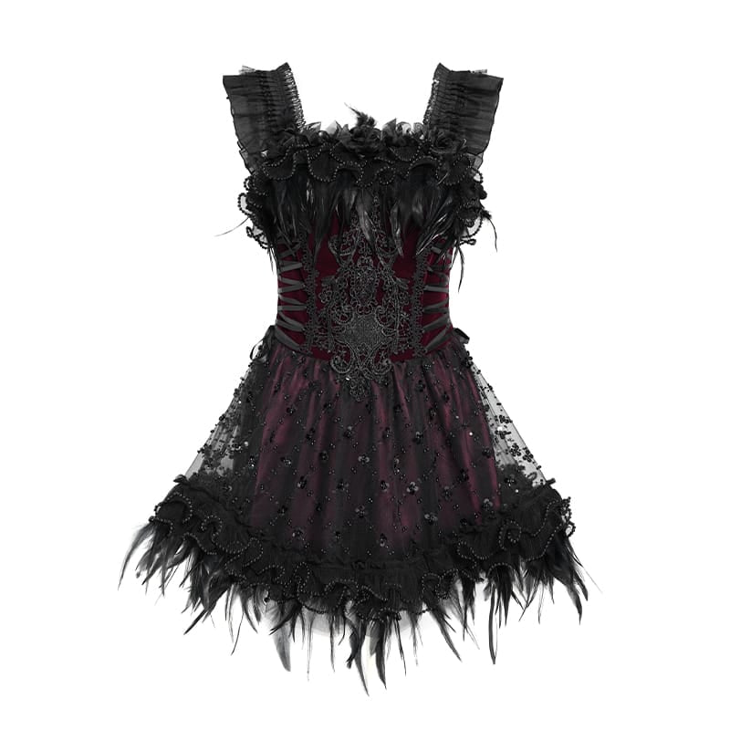 DEVIL FASHION Women's Gothic Lace-up Embroidered Feather Trim Slip Dress Black-Red