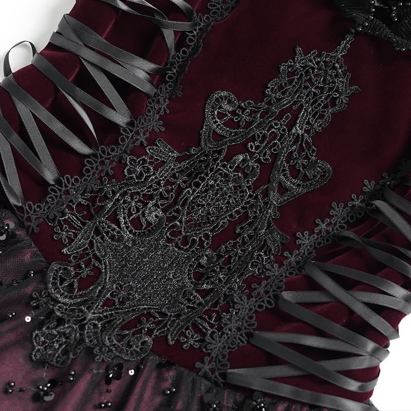 DEVIL FASHION Women's Gothic Lace-up Embroidered Feather Trim Slip Dress Black-Red