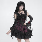 DEVIL FASHION Women's Gothic Lace-up Embroidered Feather Trim Slip Dress Black-Red