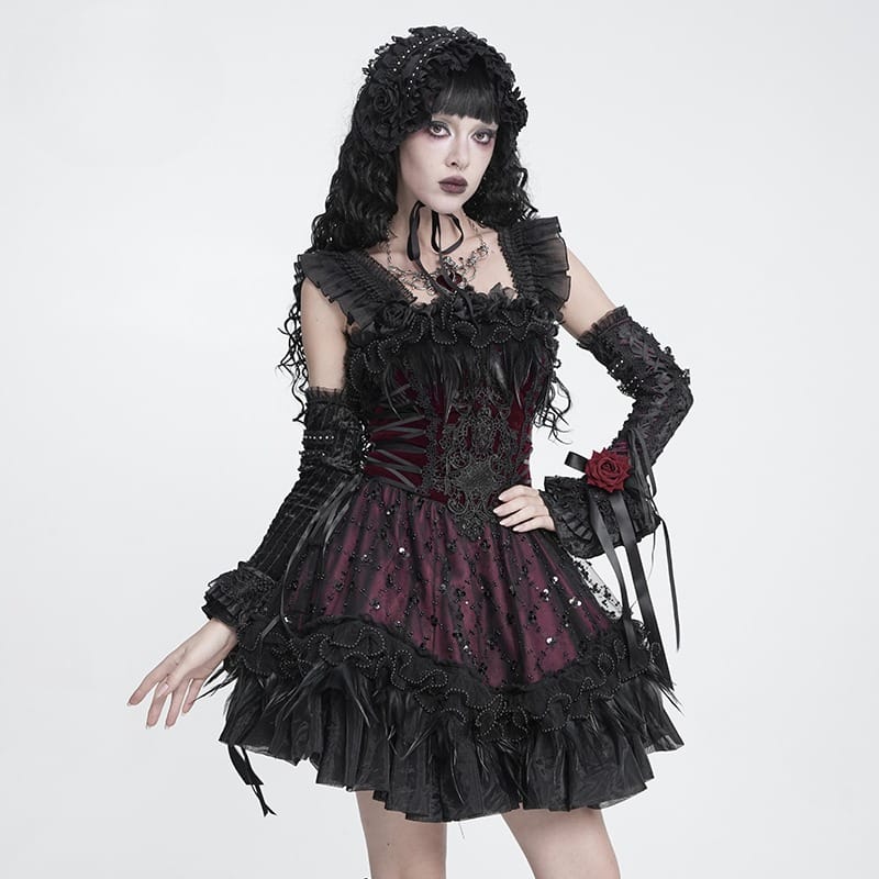 DEVIL FASHION Women's Gothic Lace-up Embroidered Feather Trim Slip Dress Black-Red