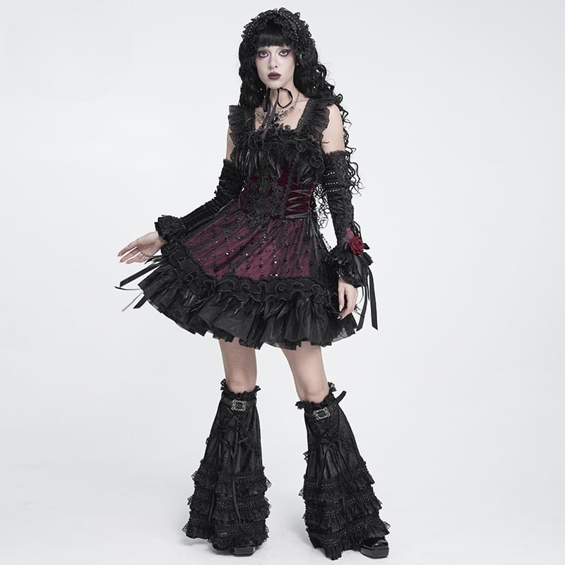DEVIL FASHION Women's Gothic Lace-up Embroidered Feather Trim Slip Dress Black-Red