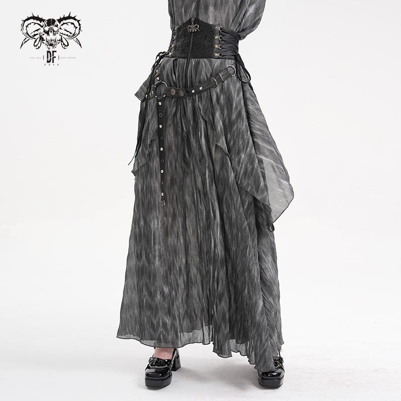 DEVIL FASHION Women's Gothic Lace-up Eyelets Rivets Long Skirt