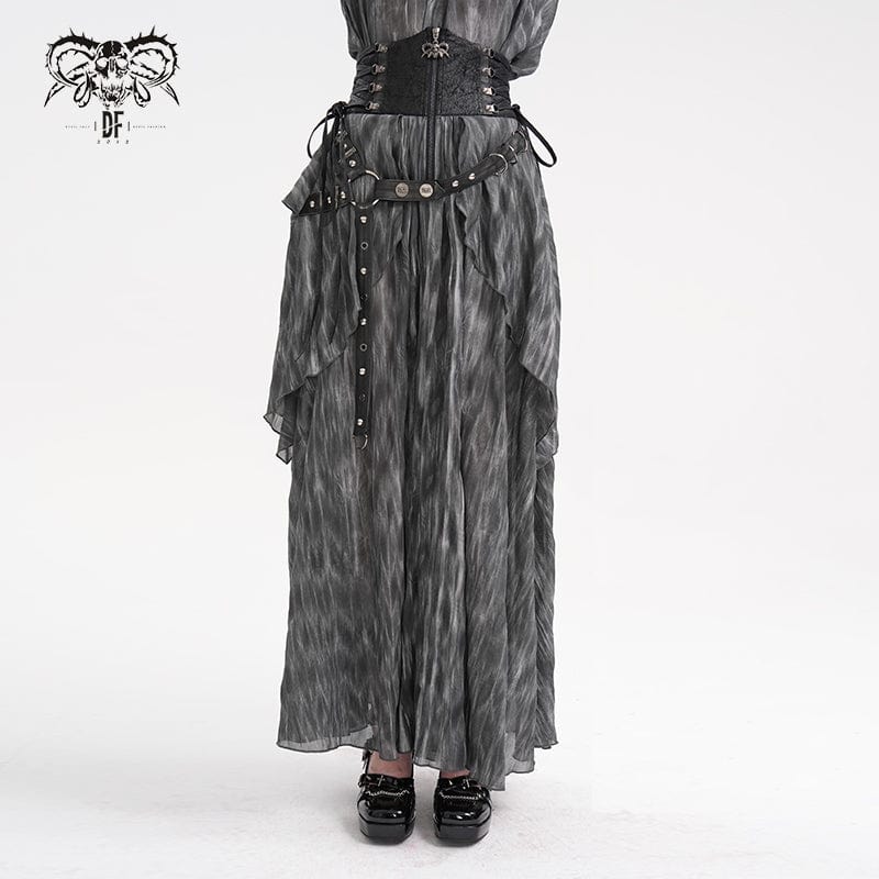 DEVIL FASHION Women's Gothic Lace-up Eyelets Rivets Long Skirt