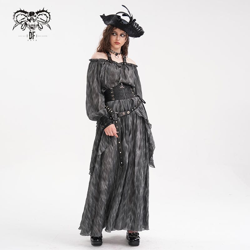 DEVIL FASHION Women's Gothic Lace-up Eyelets Rivets Long Skirt