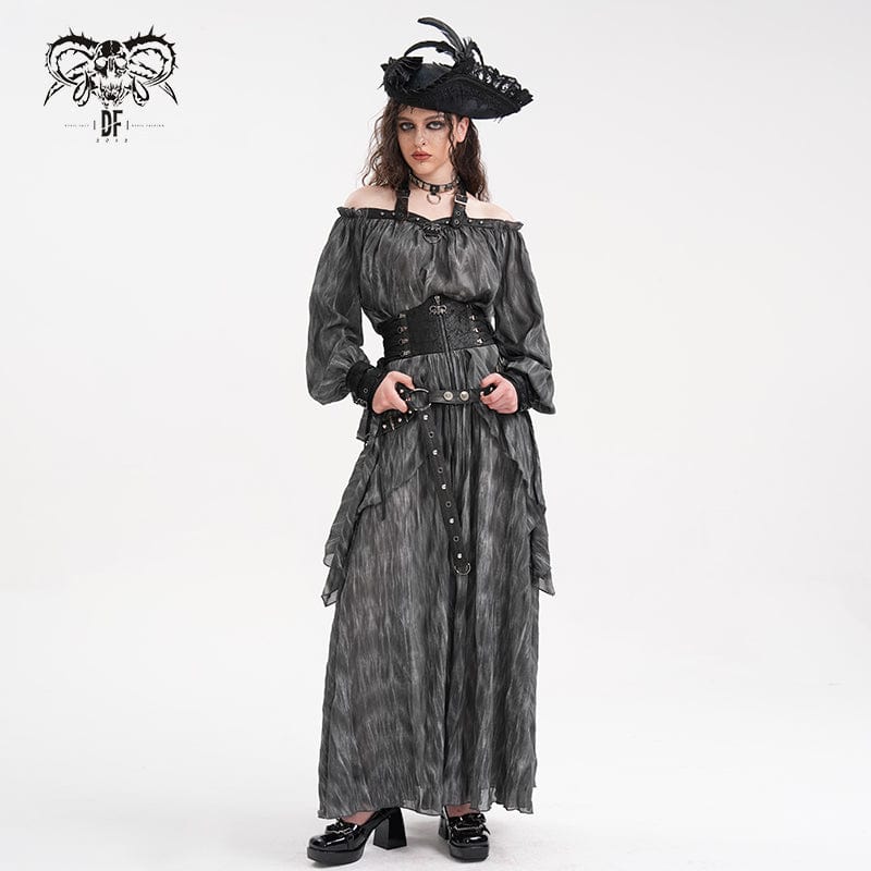 DEVIL FASHION Women's Gothic Lace-up Eyelets Rivets Long Skirt