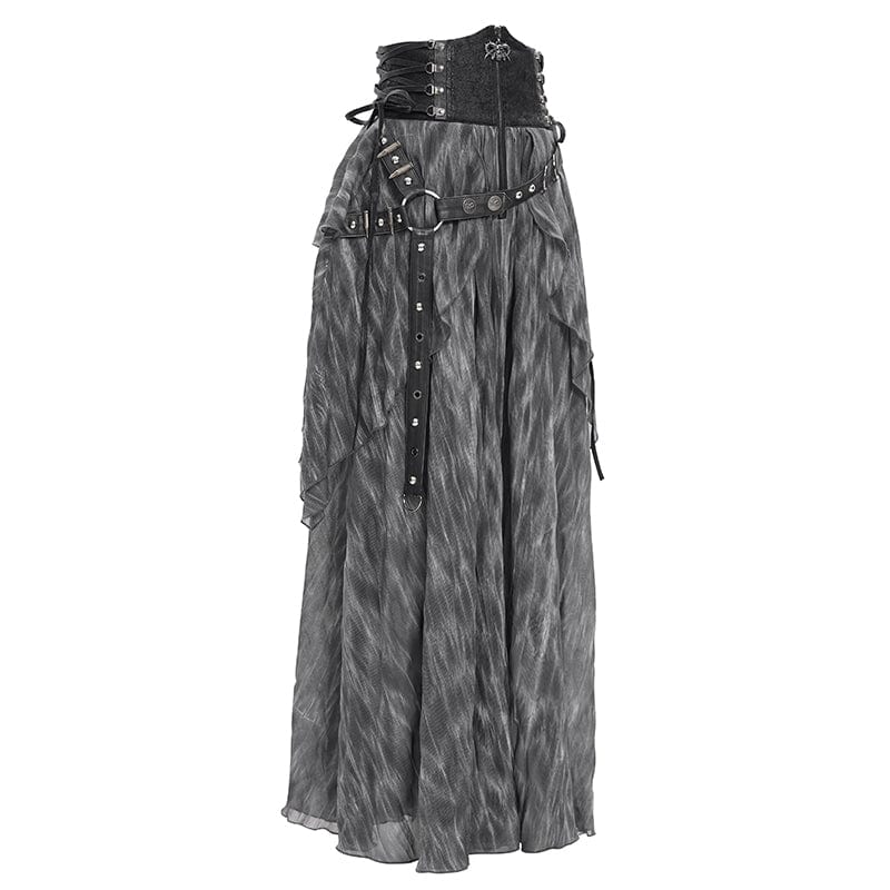 DEVIL FASHION Women's Gothic Lace-up Eyelets Rivets Long Skirt