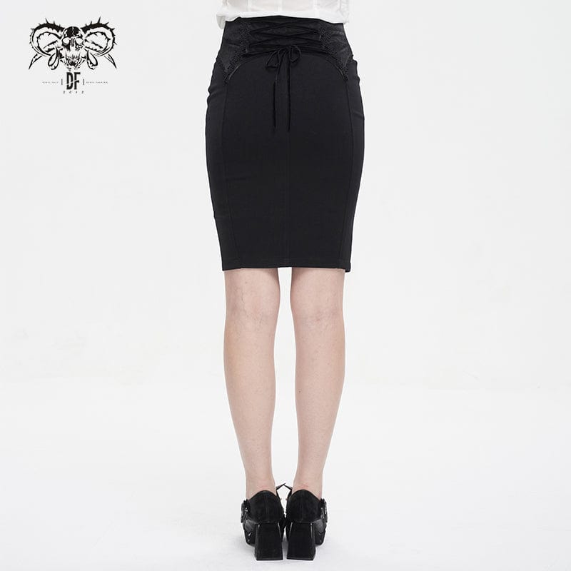 DEVIL FASHION Women's Gothic Lace-up Floral Embroidered Split Skirt