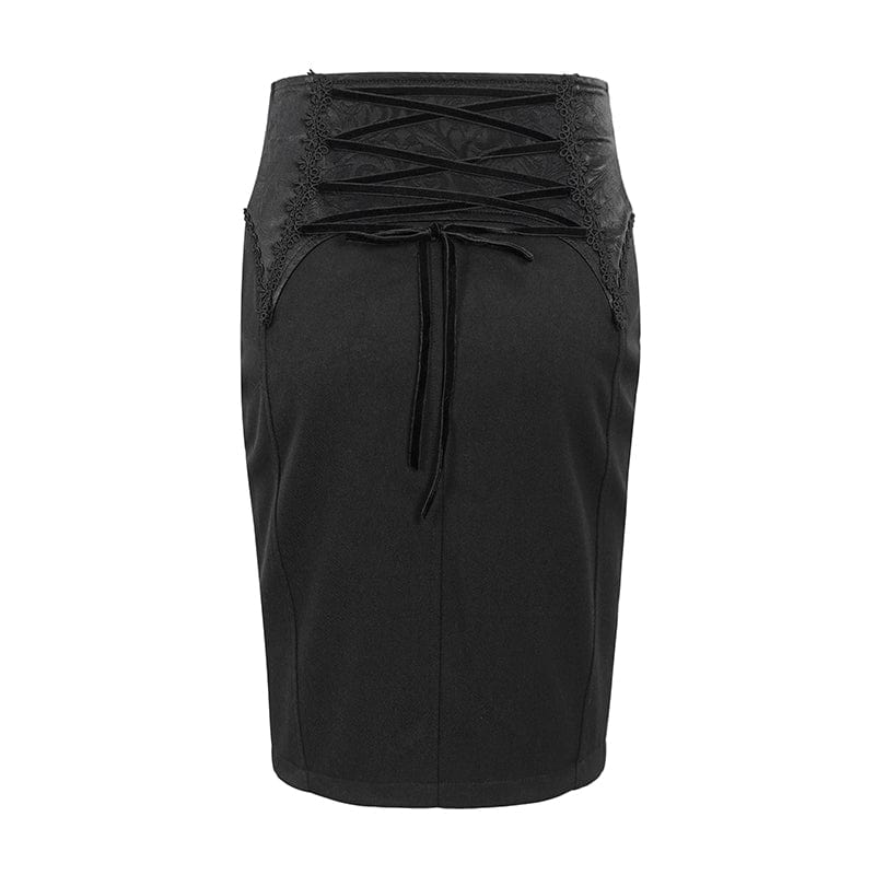 DEVIL FASHION Women's Gothic Lace-up Floral Embroidered Split Skirt