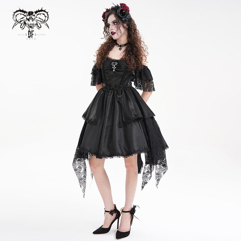 DEVIL FASHION Women's Gothic Lace-up Halter Lace Irregular Hem Dress