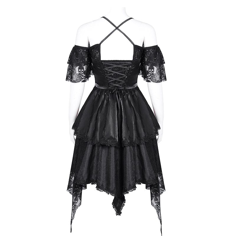 DEVIL FASHION Women's Gothic Lace-up Halter Lace Irregular Hem Dress