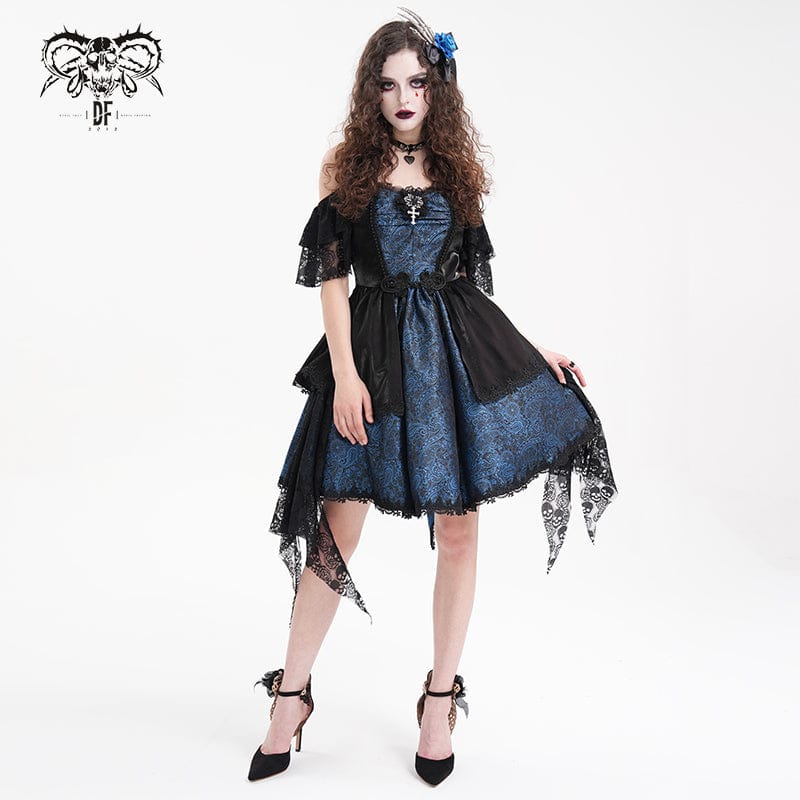 DEVIL FASHION Women's Gothic Lace-up Halter Lace Irregular Hem Dress Blue