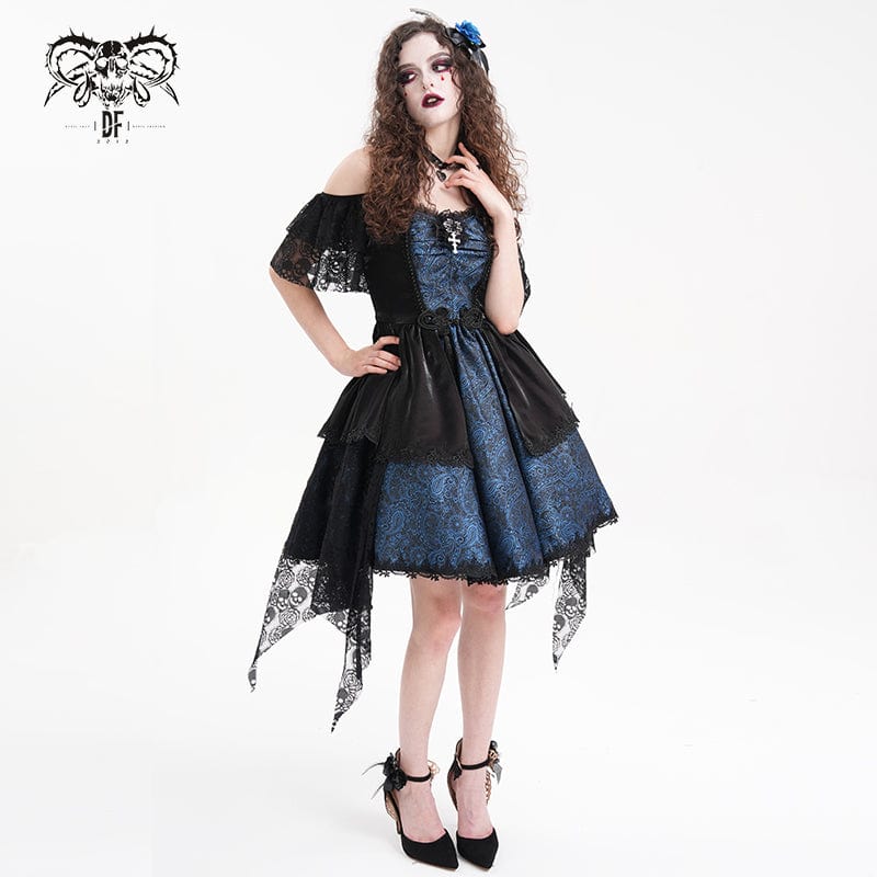 DEVIL FASHION Women's Gothic Lace-up Halter Lace Irregular Hem Dress Blue