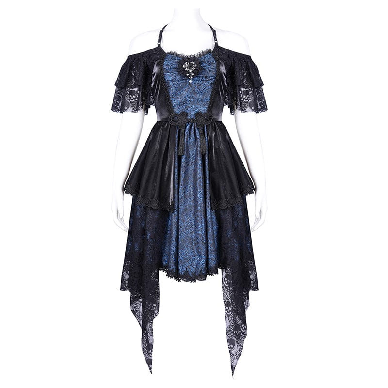 DEVIL FASHION Women's Gothic Lace-up Halter Lace Irregular Hem Dress Blue