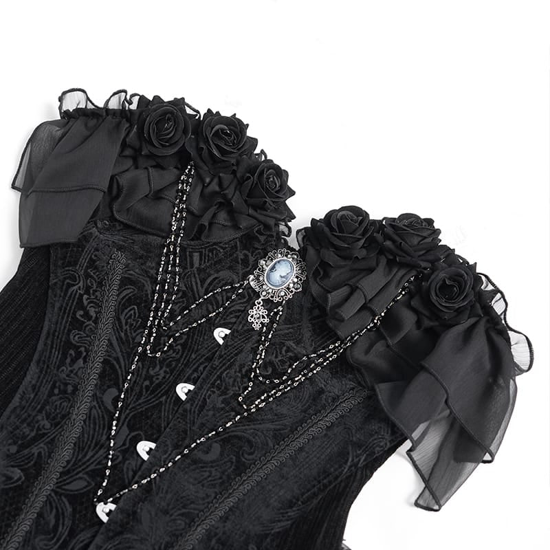 DEVIL FASHION Women's Gothic Lace-up Jacquard Overbust Corset with Asymmetrical Draped Sheer Chiffon Tails