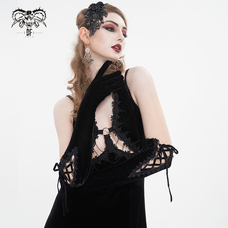 DEVIL FASHION Women's Gothic Lace-up Lace Hem Velvet Gloves Black