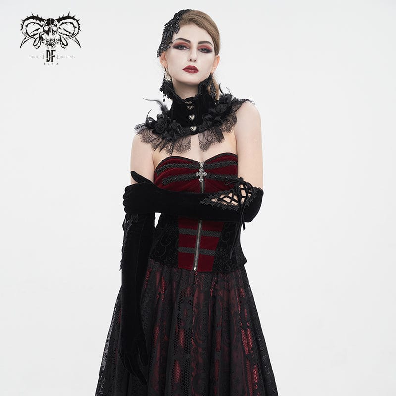 DEVIL FASHION Women's Gothic Lace-up Lace Hem Velvet Gloves Black