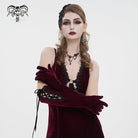 DEVIL FASHION Women's Gothic Lace-up Lace Hem Velvet Gloves Red